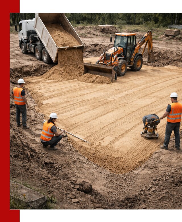 Устройство песчаной подушки для фундаментов и дорог в Ломоносове